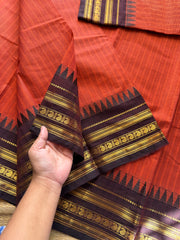 RF348 Rust Orange With Contrast Brown Kanchi Cotton Saree with vertical stripped pattern & mango Zari border