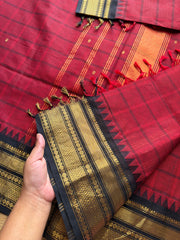 RF624 Kanchi Kattam ~ Reddish maroon shade with black combination Kanchi cotton saree with handmade thread buttas