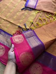 RF477 Mango shade Kattam / checks pattern Kanchi cotton saree with unique Annam pattern border