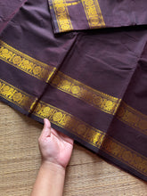 RF466 Monotone dark coffee brown shade Kanchi cotton saree annam pattern gap / Rettapet border