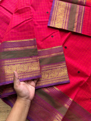 RF719 Kattam edition ~ Rani pink shade Kanchi cotton saree with checks pattern and handmade thread buttas