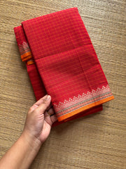 RF523 Red shade Mercerised Narayanpet cotton saree with contrast small border and checks / kattam pattern