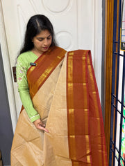 RF1236 Silk saree inspired premium Kanchi cotton saree with Beige with rust orange combination & fully Vaira Oosi pattern