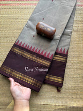 RF74 Grey with contrast brown vintage border Kanchi cotton saree with hand made thread buttas
