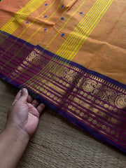 RF880 Orange with purple combination Kanchi cotton saree with handmade thread buttas