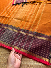 RF373 Orange with brown combination vintage border Kattam / checks pattern Kanchi cotton saree
