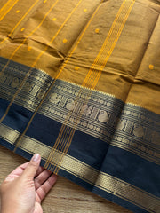 RF288 Mustard with black combination Kanchi cotton saree with Rettapet border and handmade thread buttas
