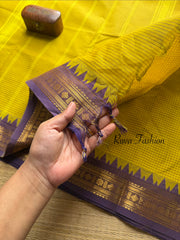 RF108 Mustard Yellow with purple shade combination vintage style Podi Kattam / small checks Kanchi cotton saree