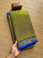 RF316 Green Mercerised Narayanpet Cotton Saree With Small Annam and elephant pattern border