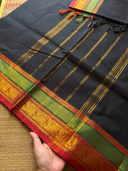 RF519 Black with red and green combination Kanchi cotton saree with unique border