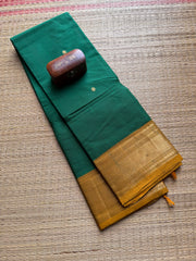 Green With Mustard Yellow Combination Kanchi Cotton Saree With Handmade Golden Zari Buttas