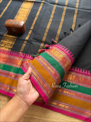 RF62 Unique black shade kanchi cotton saree with Multi color border
