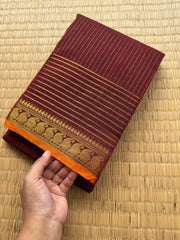 RF143 Arakku / Maroon Shade Vaira Oosi pattern Kanchi cotton saree small contrast orange shade mango Zari border