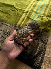 RF1212 Green with black ~ Mercerised Narayanpet soft cotton saree with elephant & Annam pattern border