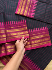 RF467 Black with contrast pink combination Kanchi cotton saree with vertical stripped pattern & mango Zari border