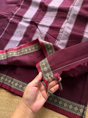 RF431 Dark Maroon Shade Mercerised Narayanpet Cotton Saree With Small Thread Border