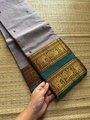 RF306 Grey with contrast teal green combination Rettapet border Kanchi cotton saree with handmade thread buttas