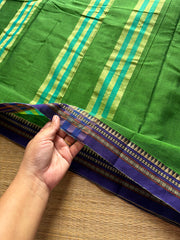 RF453 Green with royal blue combination Mercerised Narayanpet cotton saree with small thread border