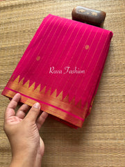 RF86 Classic Monotone Rani Pink Vaira Oosi Pattern Kanchi Cotton Saree small Premium Golden Zari Border