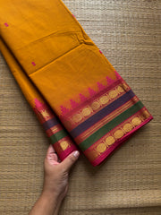 RF735 Dual tone mustard yellow shade Kanchi cotton saree with multicolour Thazhampoo pattern border and handmade thread buttas