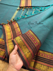 RF135 Dark teal Blue Shade With contrast brown combination vintage border Kanchi cotton saree