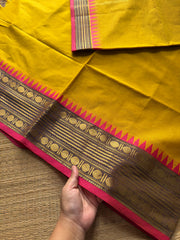 Mustard yellow Kanchi cotton saree unique contrast border