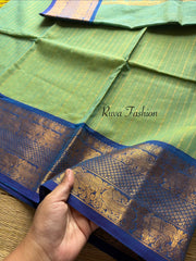 RF497 Dual tone Apple green with royal blue combination Premium rich Zari woven Pallu Kanchi cotton saree with fully Vairaoosi pattern