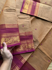 RF468 Sandal / beige with pink shade Kanchi cotton saree with silk saree inspired Annam and lotus border & handmade thread buttas