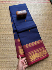 Royal Blue Shade Kanchi Cotton Saree With Handmade Thread Buttas