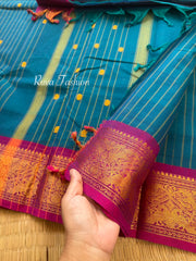 RF131 Dark Peacock Blue Shade With contrast magenta pink combination Vanasingaram border Kanchi cotton saree with striped pattern & handmade thread buttas