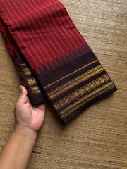 RF1040 Reddish maroon with brown combination Kanchi cotton saree with vertical stripes pattern