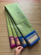 Dual tone Turquoise green shade Kanchi cotton saree with Ganga Jamuna border & handmade thread buttas