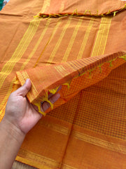 RF151 Monotone Mango Yellow Dual Shade Vintage Rettapet Border Podi Kattam / small checks Kanchi cotton saree