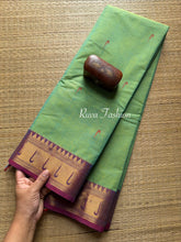 RF44 Turquoise green with purple shade paithani border Kanchi cotton saree with handmade thread buttas