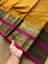 RF305 Mustard with contrast pink combination Rettapet border Kanchi cotton saree with handmade thread buttas