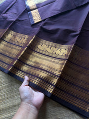 RF714 Silk saree inspired monotone deep coffee brown shade Kanchi cotton saree with Varisaipet golden Zari big / long border