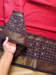 RF246 Reddish maroon with brown combination kanchi cotton saree with Vintage Style Border kattam checks pattern & handwoven Buttas on the border