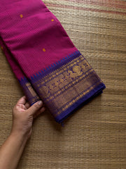RF1294 Magenta pink shade Kanchi cotton saree with Podikattam / small checks pattern & handmade thread buttas