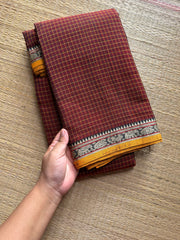 Maroon Narayanpet cotton saree with small border & Kattam / checks pattern saree