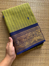 RF292 Green with royal blue combination Kanchi cotton saree with Vanasingaram pattern border & handmade golden Zari Buttas