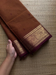 RF798 Honey With brown combination Kanchi cotton saree with Vanasingaram pattern border & handmade thread buttas