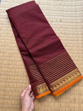 RF143 Arakku / Maroon Shade Vaira Oosi pattern Kanchi cotton saree small contrast orange shade mango Zari border