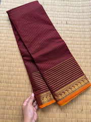 RF143 Arakku / Maroon Shade Vaira Oosi pattern Kanchi cotton saree small contrast orange shade mango Zari border