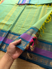 RF276 Dual tone Turquoise green shade Kanchi cotton saree with unique Rettapet border