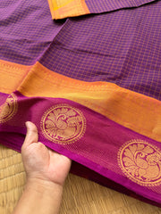RF170 Purple shade Kattam / checks pattern Kanchi cotton saree with contrast zari & thread woven border