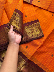 RF1073 Orange with maroon Vanasingaram border Kanchi cotton saree with handmade thread buttas and vertical stripped lines