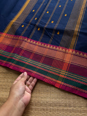 RF802 Navy blue shade thread border Kanchi cotton saree with handmade thread buttas
