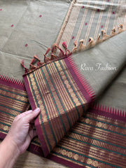RF20 Dual tone grey with contrast maroon zari border & handmade thread buttas - RF20