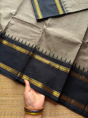 RF589 Premium Vintage Podi Kattam Kanchi Cotton saree ~ Grey with black