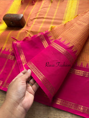 RF54 Dark mango shade with contrast pink vintage border Podi Kattam Kanchi cotton saree